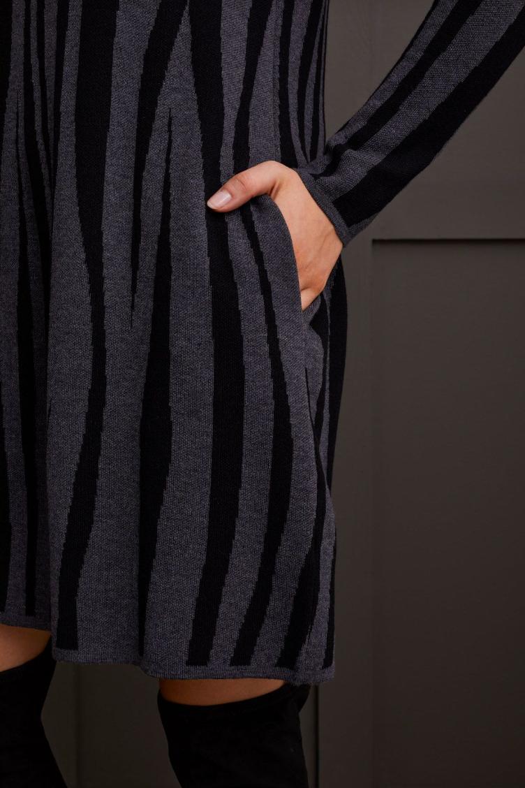 Funnel Neck Jaquard Sweater Dress- Charcoal Product Image