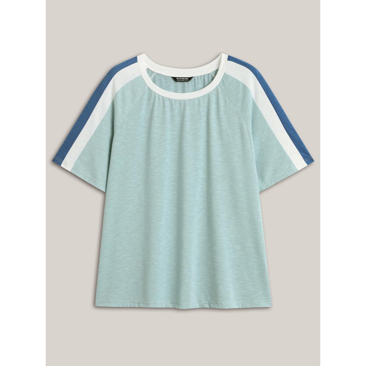 Plus Size Color Block Shoulder Flowy T-Shirt Mint Women Contrast Round Neck Everyday-Casual T-shirts BloomChic 10/M Product Image