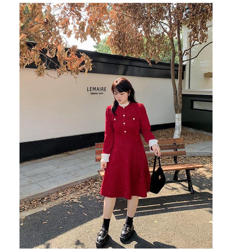 Plus Size Long-Sleeve Stand Collar Two Tone Ruffle Trim A-Line Dress Product Image