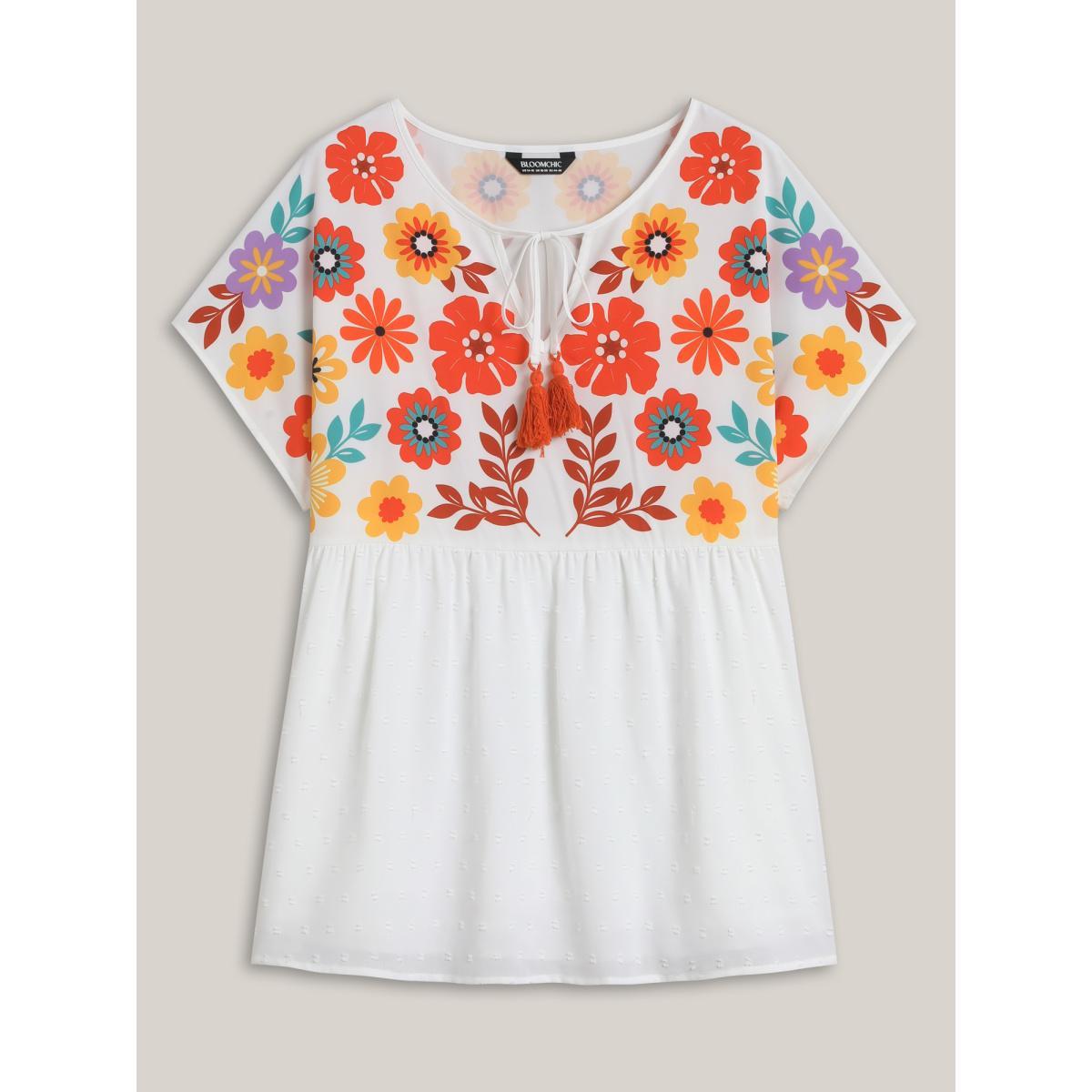 Plus Size WhiteSmoke Floral Print Neck-Tie Babydoll Top Women Resort Short sleeve Non Vacation Blouses BloomChic 10/M Product Image
