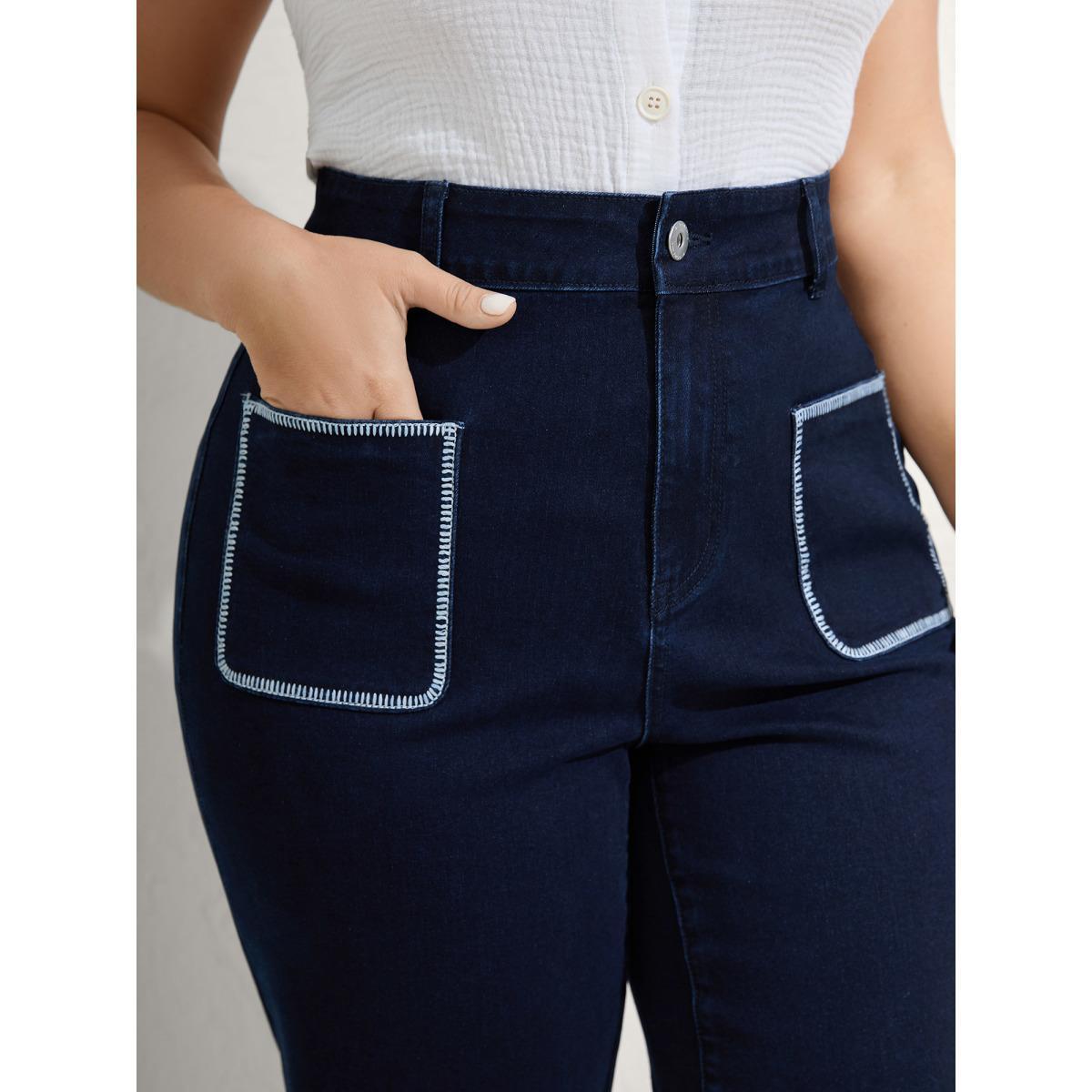 Plus Size Embroidered Front Pockets Straight-Leg Jeans Women Midblue High stretch Slanted pocket Jeans BloomChic 22/3X Product Image