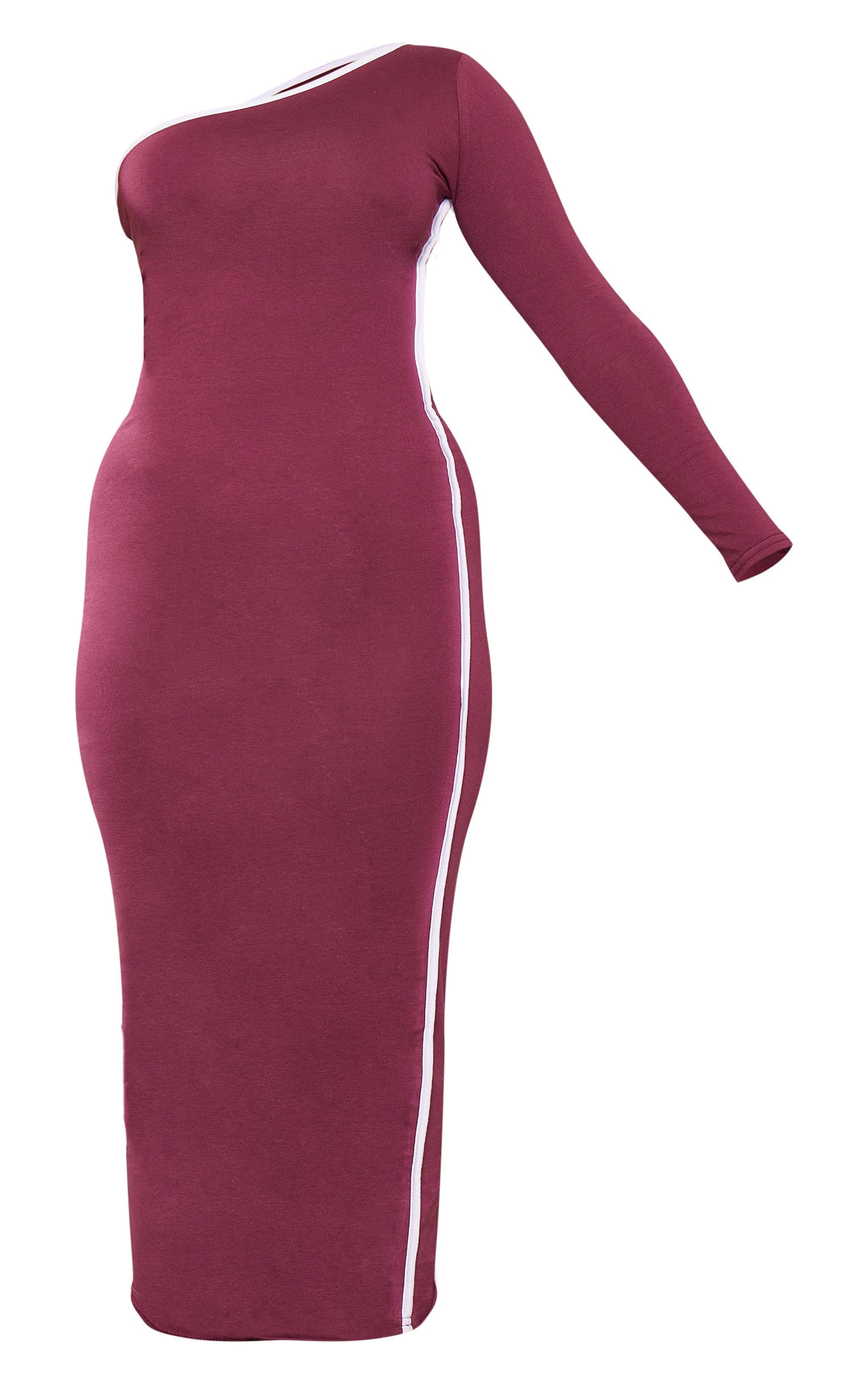 Burgundy Cotton Contrast Seam One Shoulder Midaxi Dress Product Image