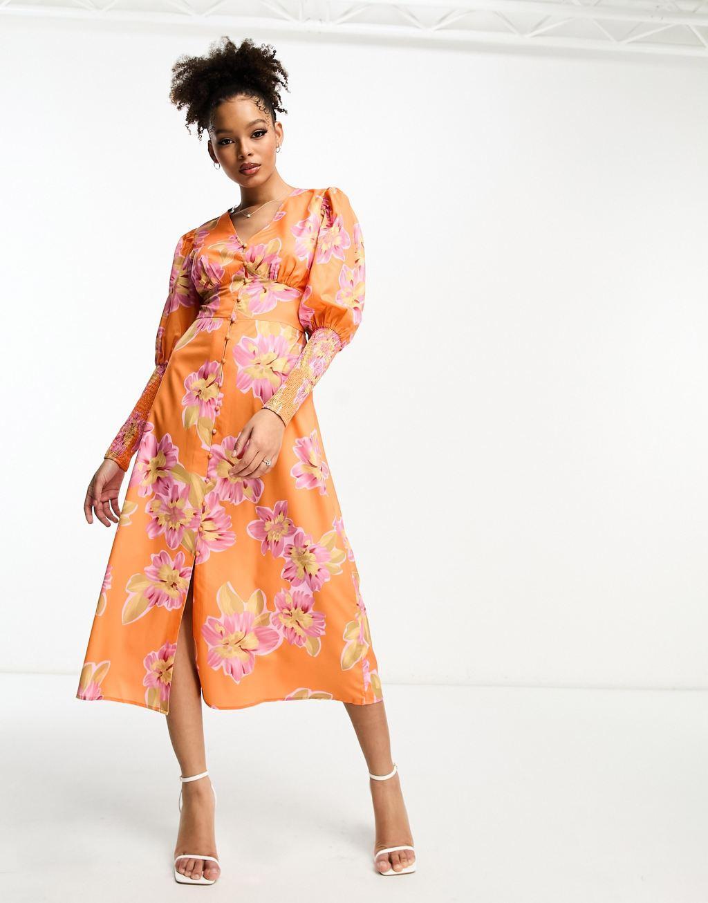 In The Style button up shirred cuff detail midi tea dress Product Image