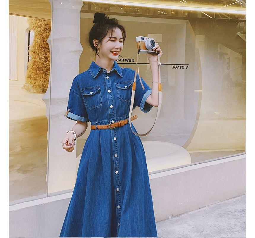 Short-Sleeve Pocket Detail Denim Midi A-Line Shirt Dress Product Image