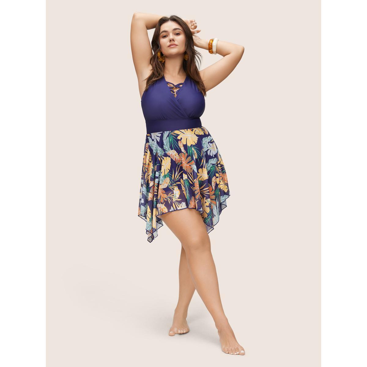 Plus Size Tropical Print Patchwork Crisscross Hanky Hem Swim Dress Women's Swimwear Indigo Vacation Bodycon Overlap Collar High stretch Curve Swim Dresses BloomChic 12/L Product Image