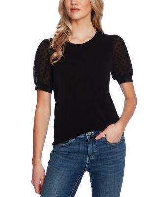 CeCe Round Neck Short Puff Sleeve Mixed Media Knit Shirt Product Image