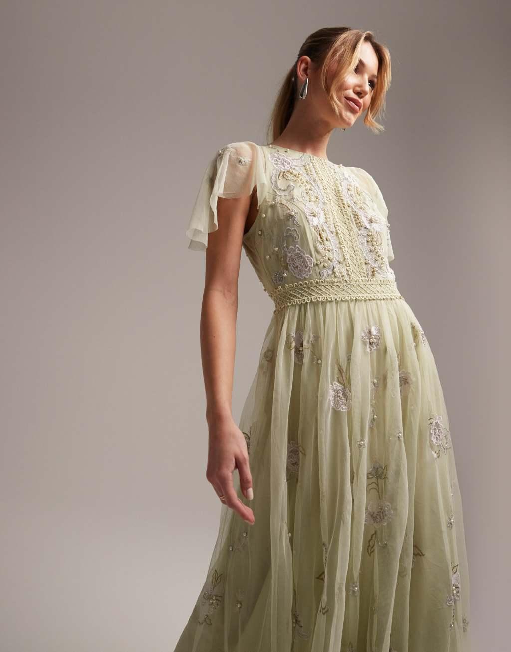 ASOS DESIGN embroidered ruffle maxi dress with lace inserts Product Image