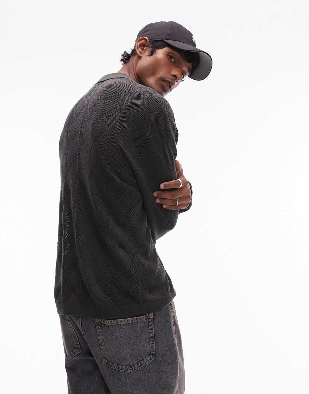 Topman knitted diamond pattern pointelle long sleeve polo in dark gray Product Image