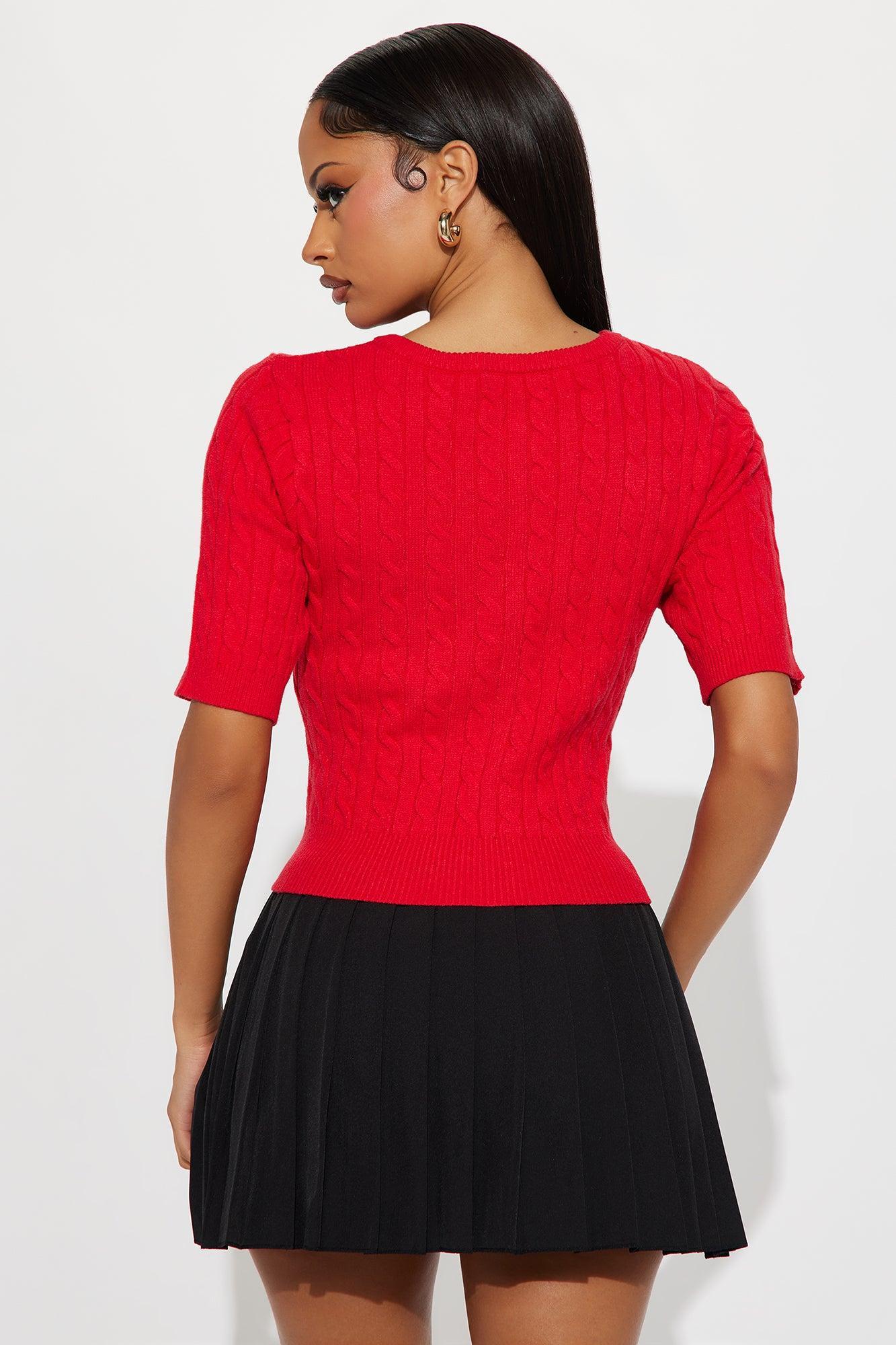 Elowen Short Sleeve Cable Knit Cardigan - Red Female Product Image