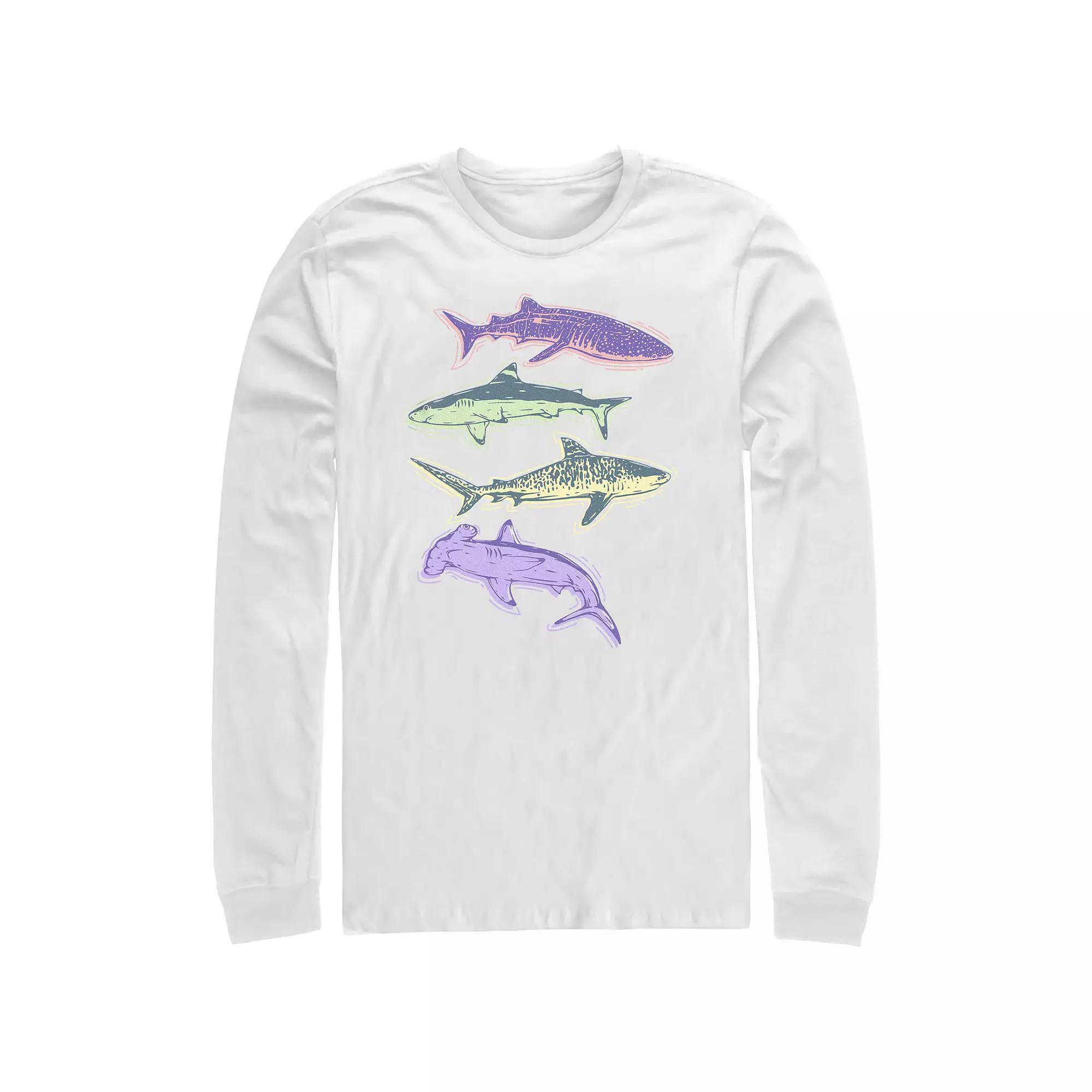 Men's Colorful Sharks Long Sleeve Graphic Tee, Size: Small, White Product Image