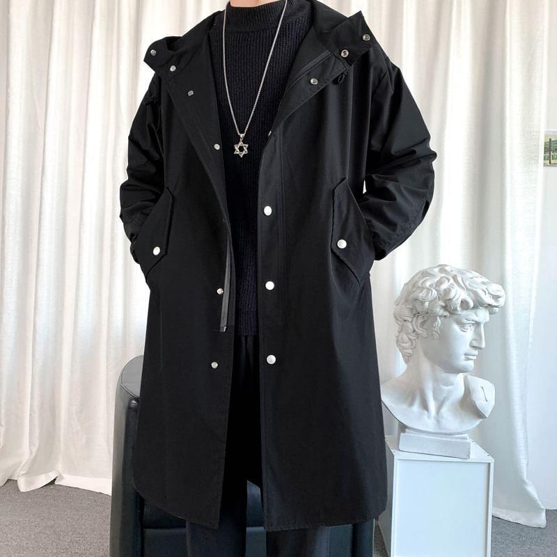 Hooded Button-Up Long Trench Coat Product Image