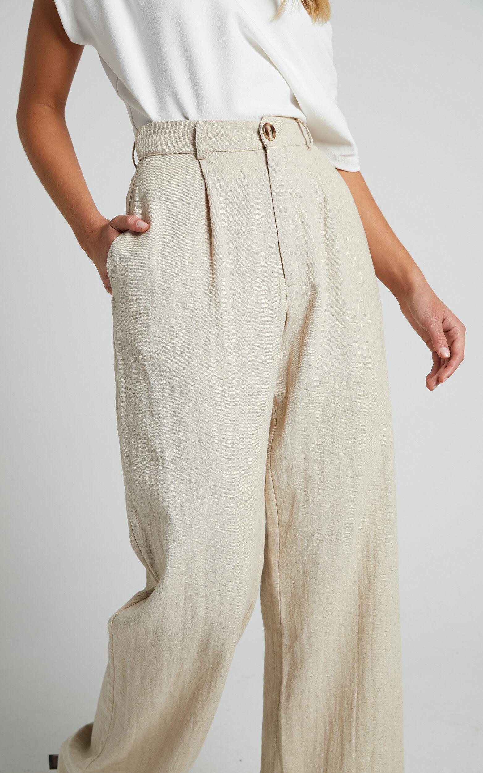 Larissa Trousers - Linen Mid Waisted Relaxed Straight Leg Trousers in Oatmeal Product Image
