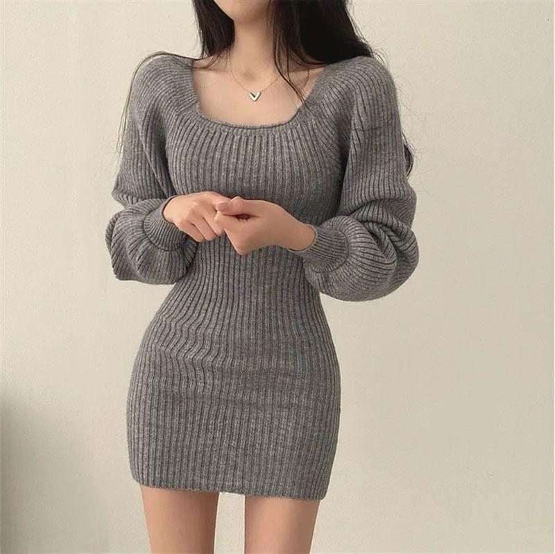 Long-Sleeve Square Neck Plain Ribbed Mini Sheath Knit Dress Product Image