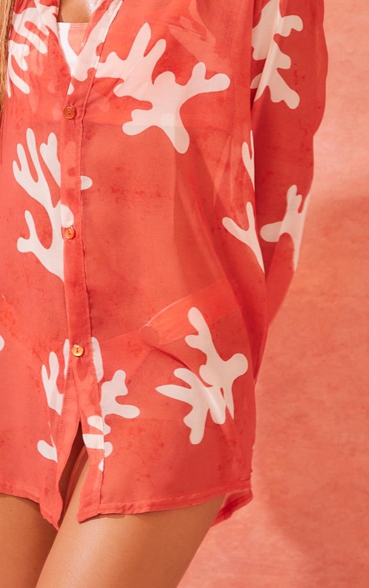 Coral Print Chiffon Oversized Beach Shirt Product Image