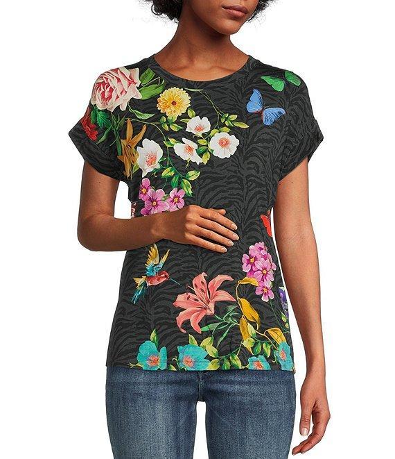JOHNNY WAS Blooming Breeze Floral Print Crew Neck Short Sleeve Relaxed Tee Shirt Product Image