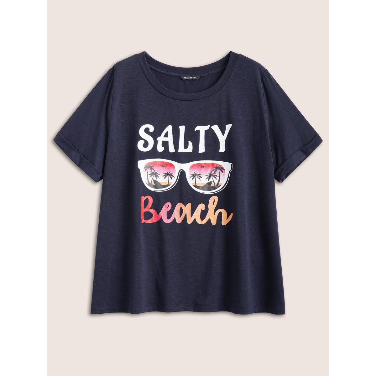 Plus Size Vacation Tropical Print Round Neck T-shirt Midnight Women Resort Non Tropical Vacation T-shirts BloomChic 10/M Product Image