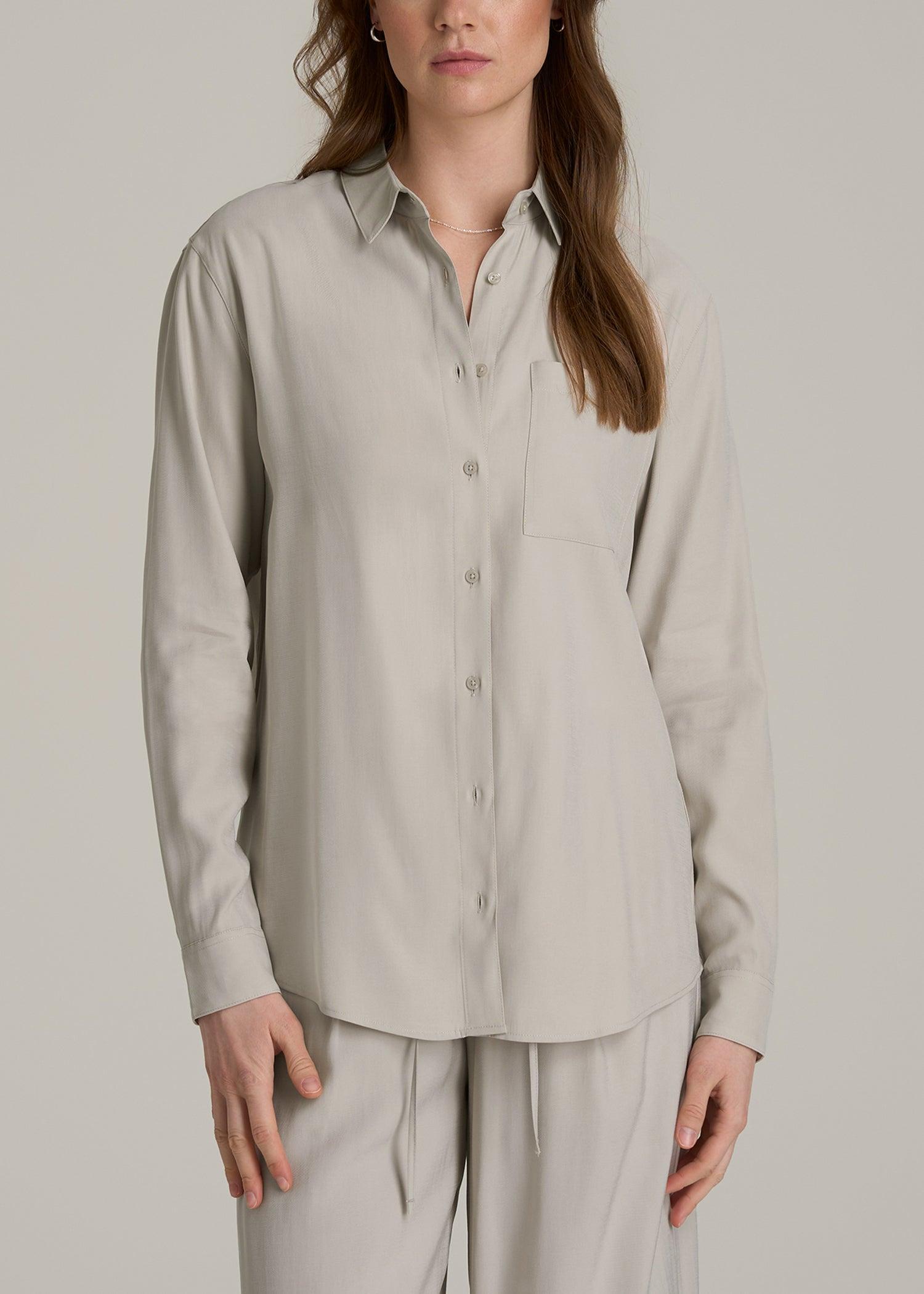 Relaxed Button-Up Single-Pocket Blouse for Tall Women in Stone Product Image