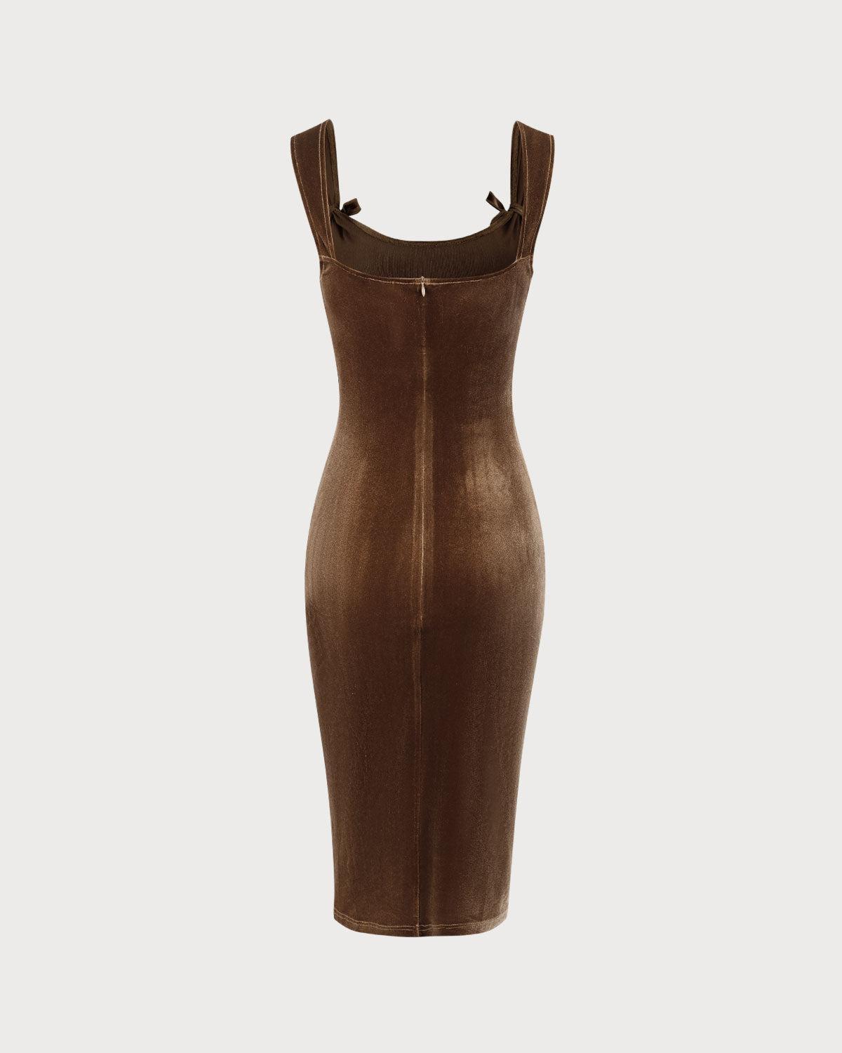 Brown Velvet Bodycon Midi Dress Product Image