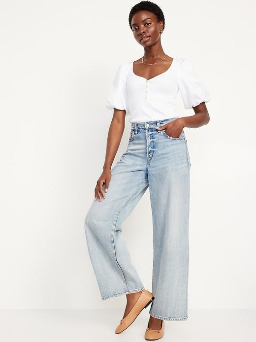 Puff-Sleeve Mixed Fabric Top Product Image