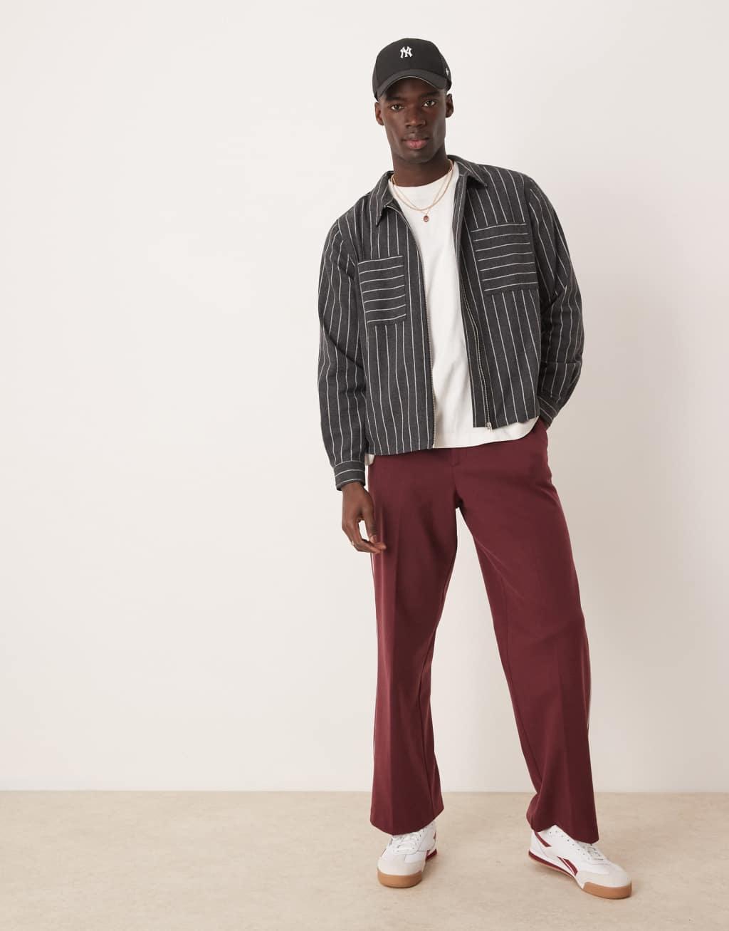 ASOS DESIGN brushed stripe shacket in black Product Image