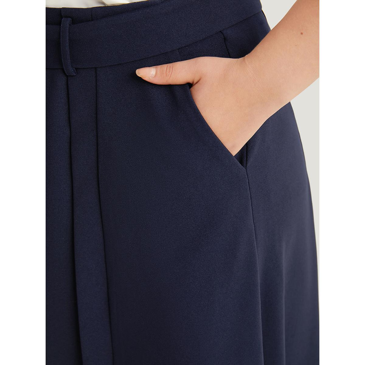 Plus Size Plain Pocket Belted Buckle Detail Midi Skirt Women Indigo Office Plain No stretch Pocket Belt Work Skirts BloomChic 22-24/3X Product Image