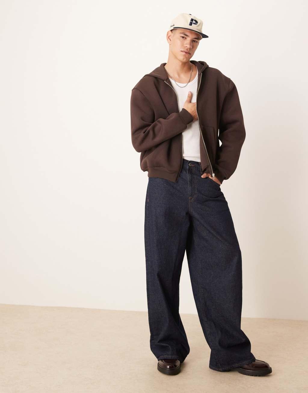 ASOS DESIGN heavyweight boxy oversized zip up scuba hoodie in brown Product Image