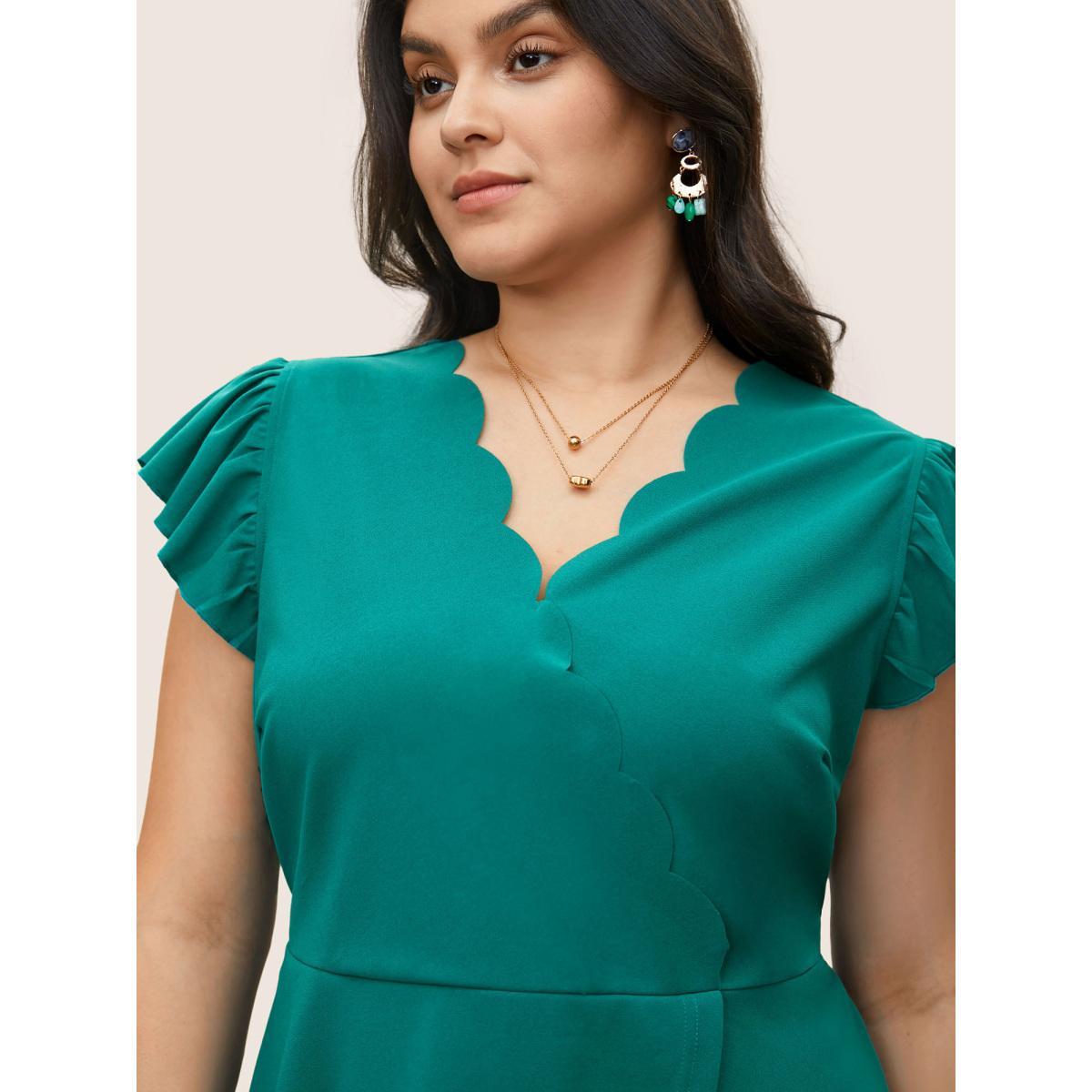 Plus Size Emerald Solid Ruffle Cap Sleeve Scalloped Trim Blouse Women Elegant Cap Sleeve Overlap Collar Everyday Blouses BloomChic 26/4X Product Image