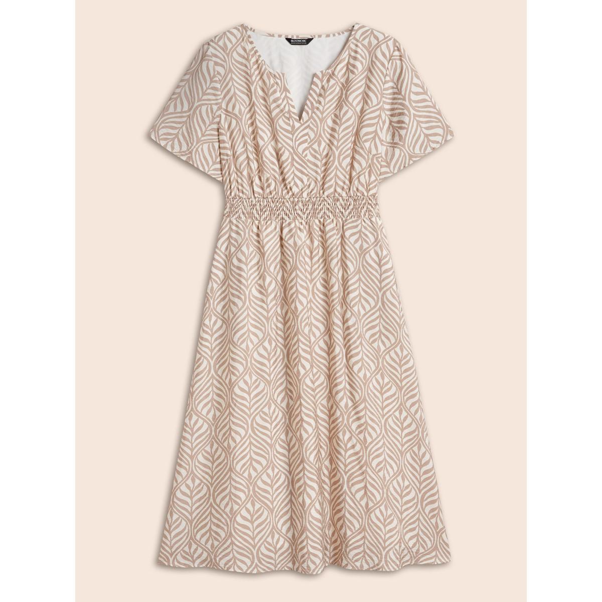Plus Size Boho Print Notched Collar Shirred Dress LightBrown Women At the Office Shirred Notched collar Short sleeve Curvy BloomChic 22-24/3X Product Image