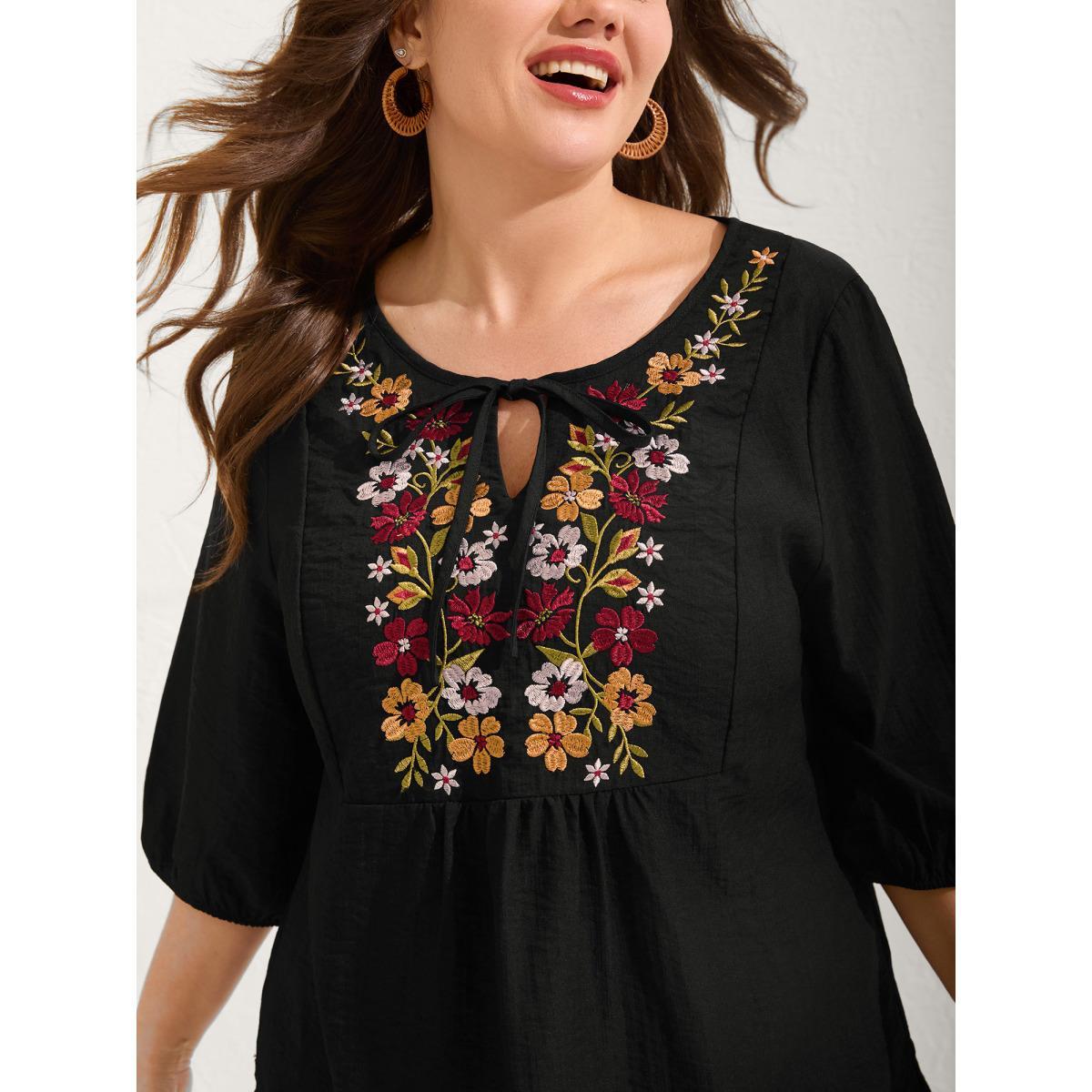 Plus Size Black Floral Embroidered Tie Knot Lantern Sleeve Blouse Women Resort Elbow-length sleeve V-neck Vacation Blouses BloomChic 18-20/2X Product Image