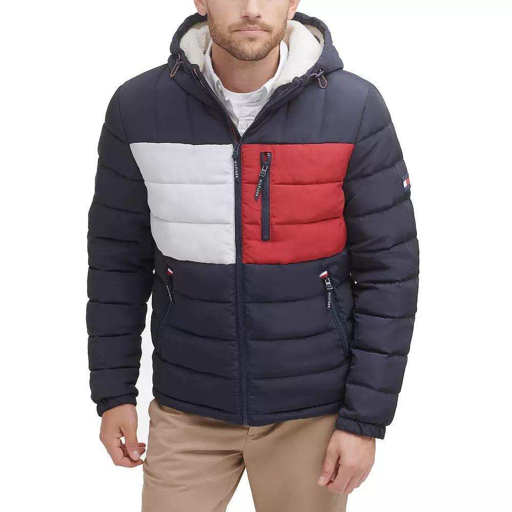 Men's Tommy Hilfiger Hooded Puffer Jacket with Sherpa Lined Hood, Size: Medium, Blue Colorblock Product Image