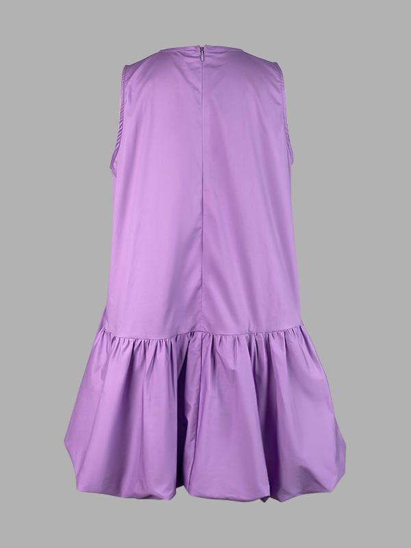 High Waisted Loose Pleated Solid Color Round-Neck Mini Dresses Product Image