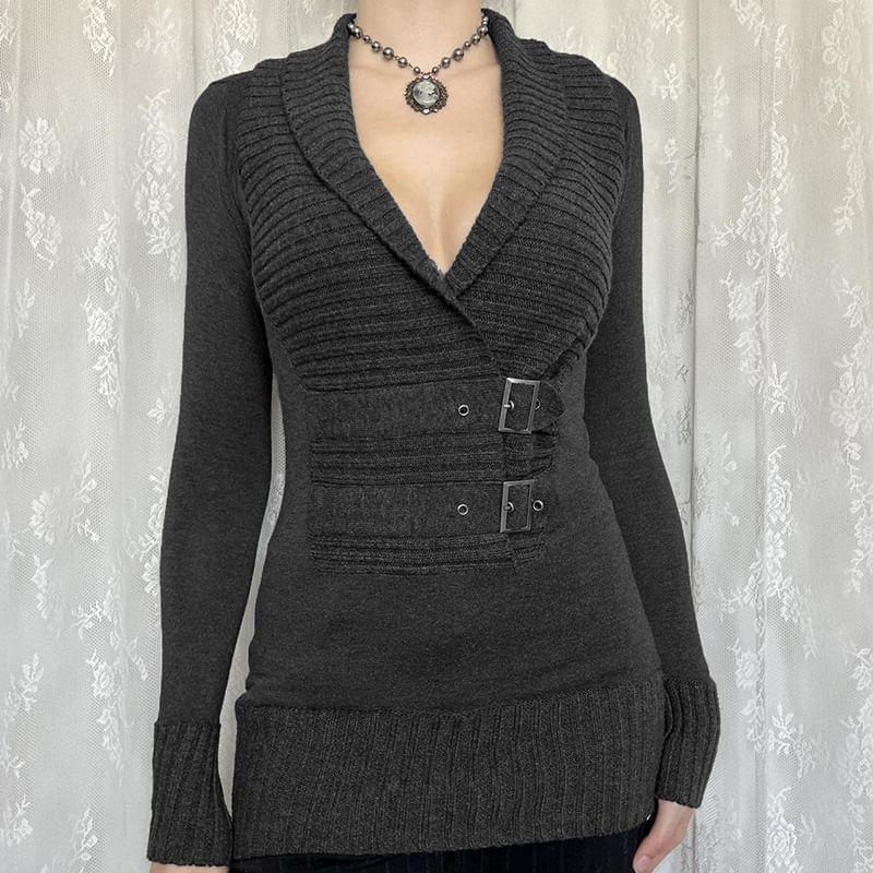 Long Sleeve V-Neck Plain Buckle Accent Ribbed-Knit Slim-Fit Top Product Image