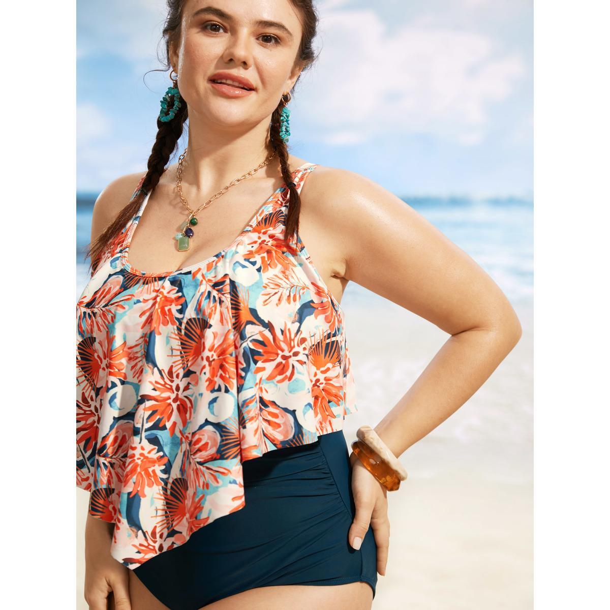 Plus Size Floral Print Tiered Ruffles One Piece Swimsuit Women's Swimwear Cyan Beach Gathered Curve Bathing Suits High stretch One Pieces BloomChic 28/5X Product Image