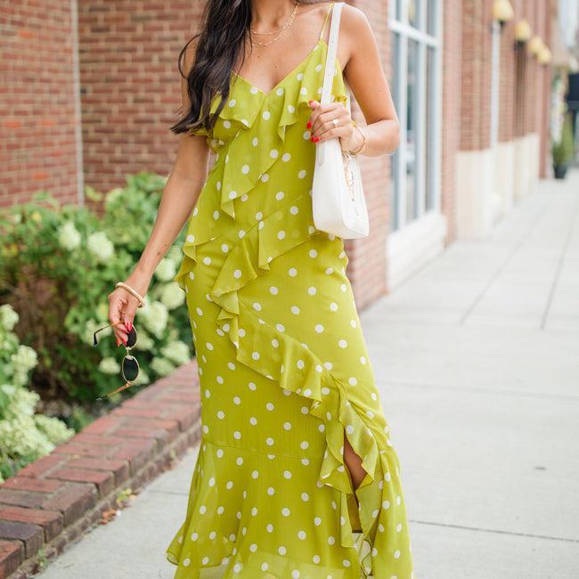 On The Spot Kiwi Ruffle Detail Polka Dot Midi Dress FINAL SALE Product Image