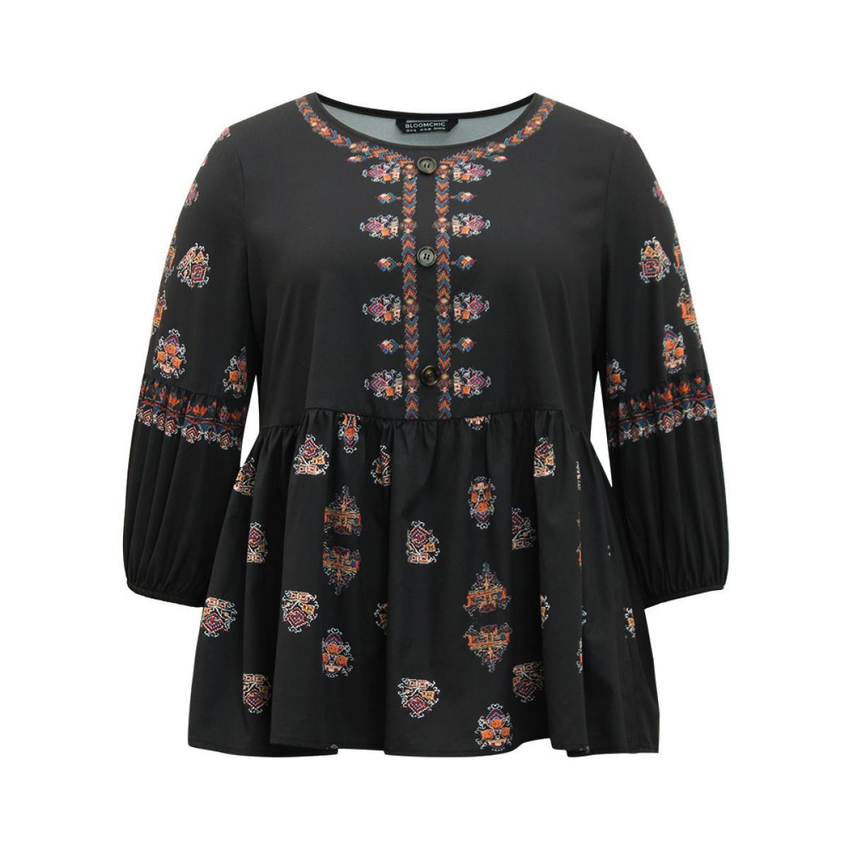 Plus Size Black Boho Print Lantern Sleeve Button Detail Blouse Women Vacation Elbow-length sleeve Round Neck Vacation Blouses BloomChic 12/L Product Image
