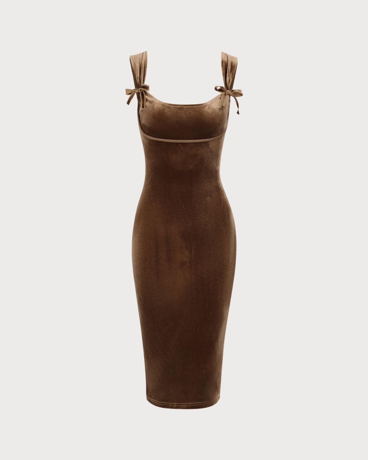 Brown Velvet Bodycon Midi Dress Product Image
