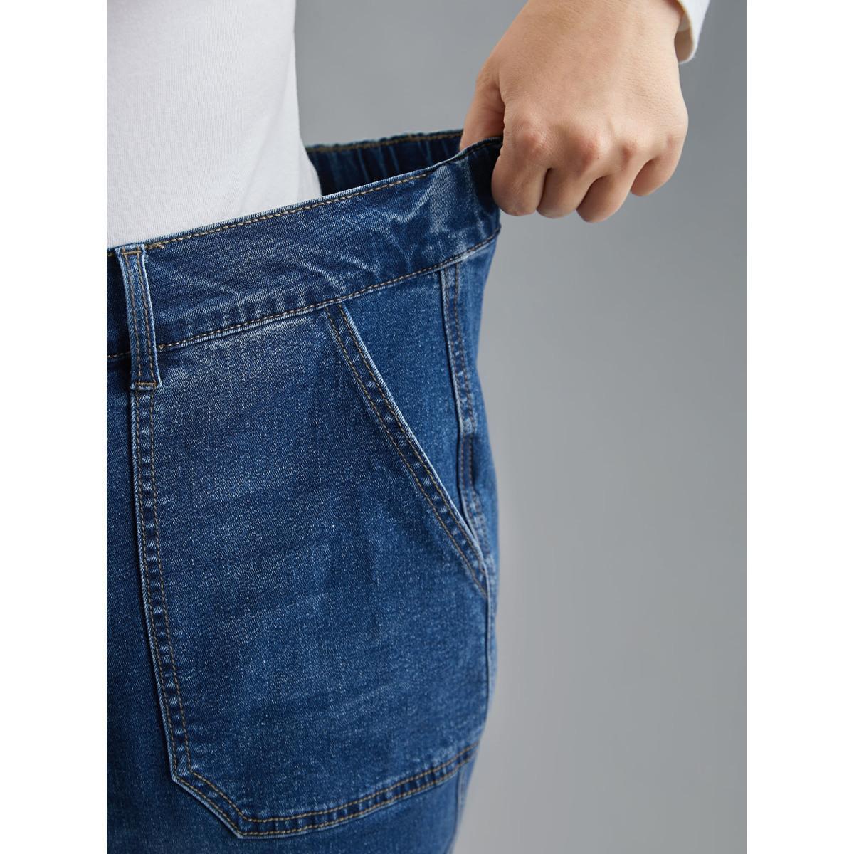 Plus Size Elastic Cuffs Adjustable Waist Straight Jeans Women Midblue Casual Button Medium stretch Slanted pocket Jeans BloomChic 18/2X Product Image