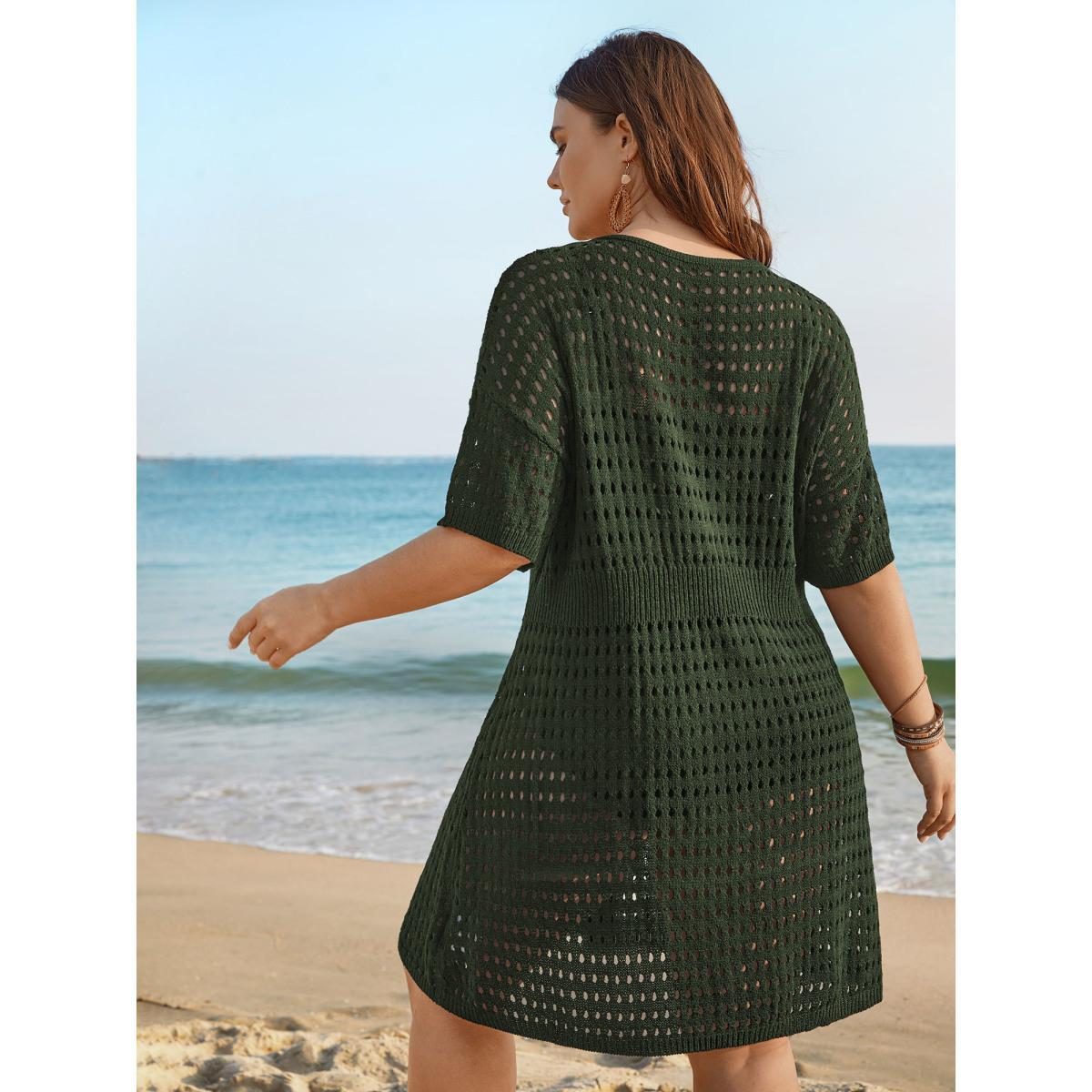 Plus Size Cut-Out Waist-Cinched Button Swim Cover-Up Women's Swimwear ArmyGreen Beach Loose Cut-Out Curve Swim Cover Ups BloomChic 30/6X Product Image