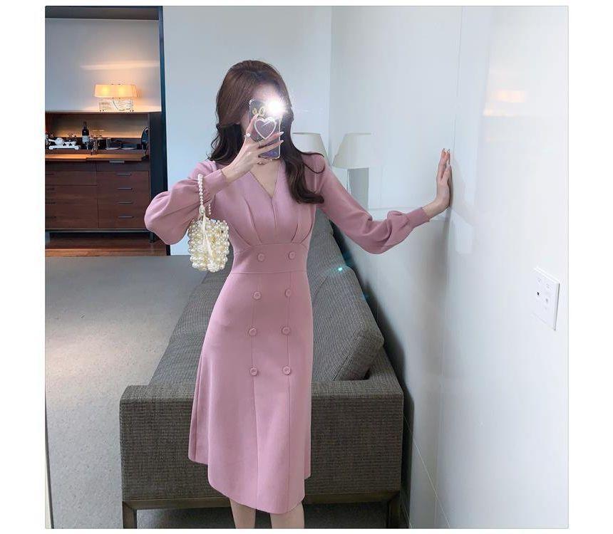 Long-Sleeve V-Neck Plain Double Breasted Midi A-Line Dress Product Image