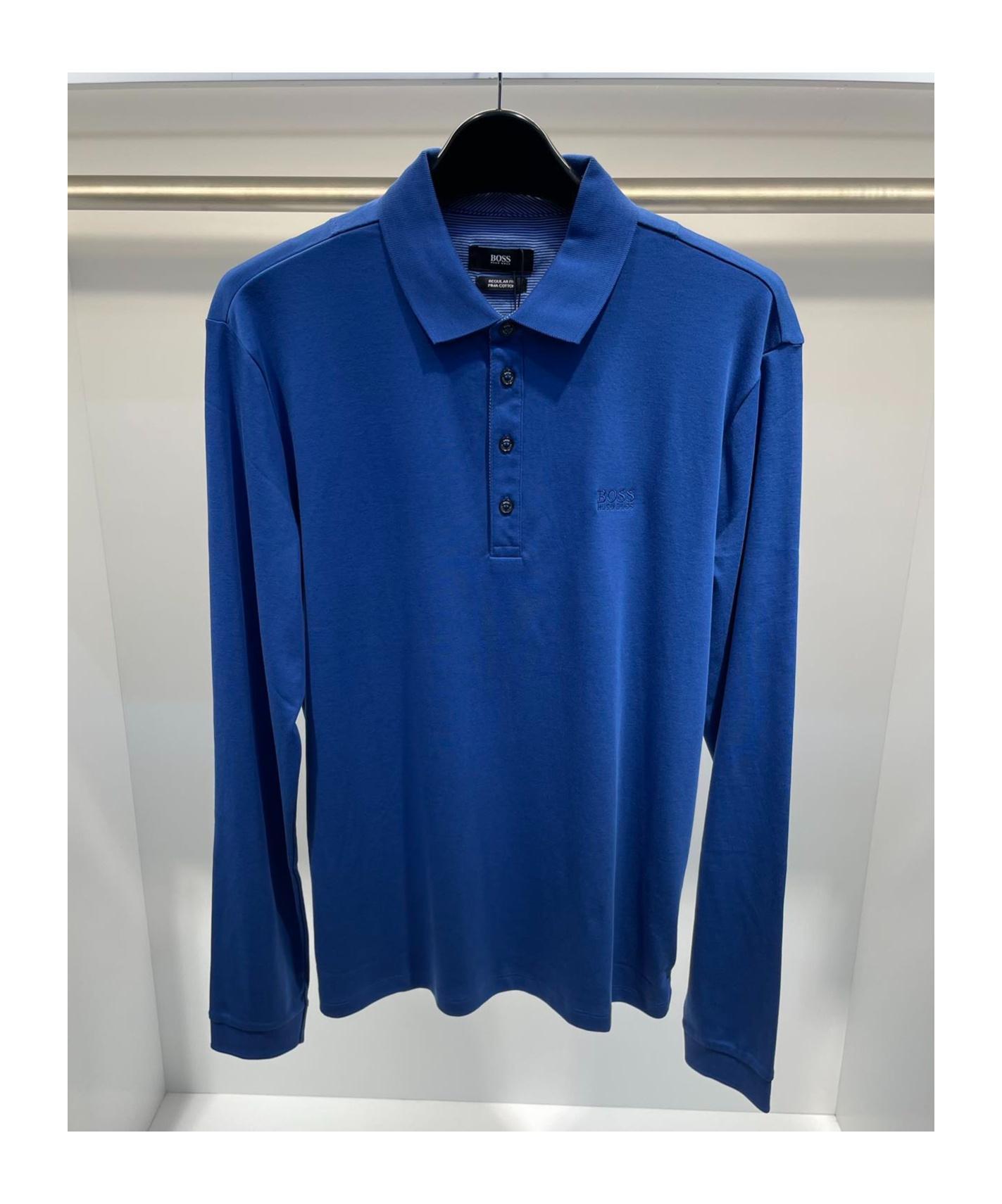HUGO BOSS Logo Long-sleeved Polo Shirt In Blue Product Image
