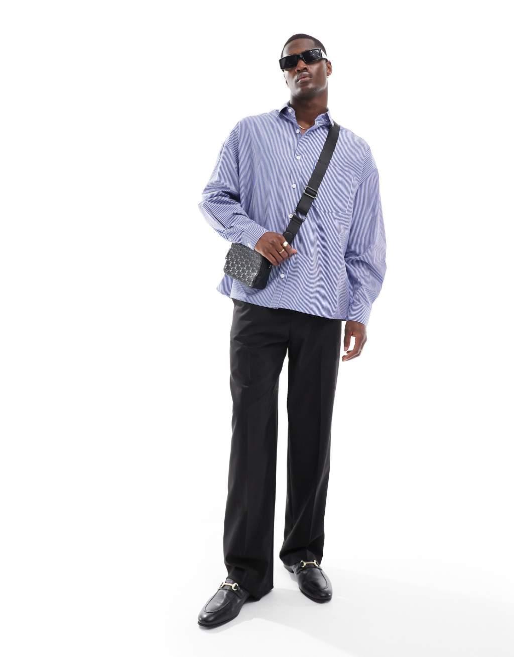 ASOS DESIGN oversized square collar shirt with pocket in blue stripe Product Image