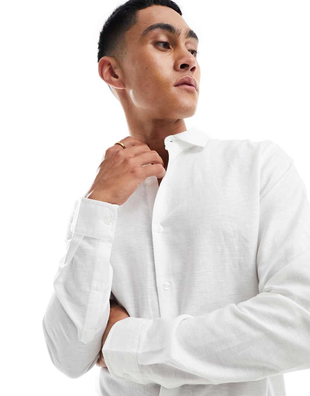 ASOS DESIGN smart linen shirt with cutaway collar in white Product Image