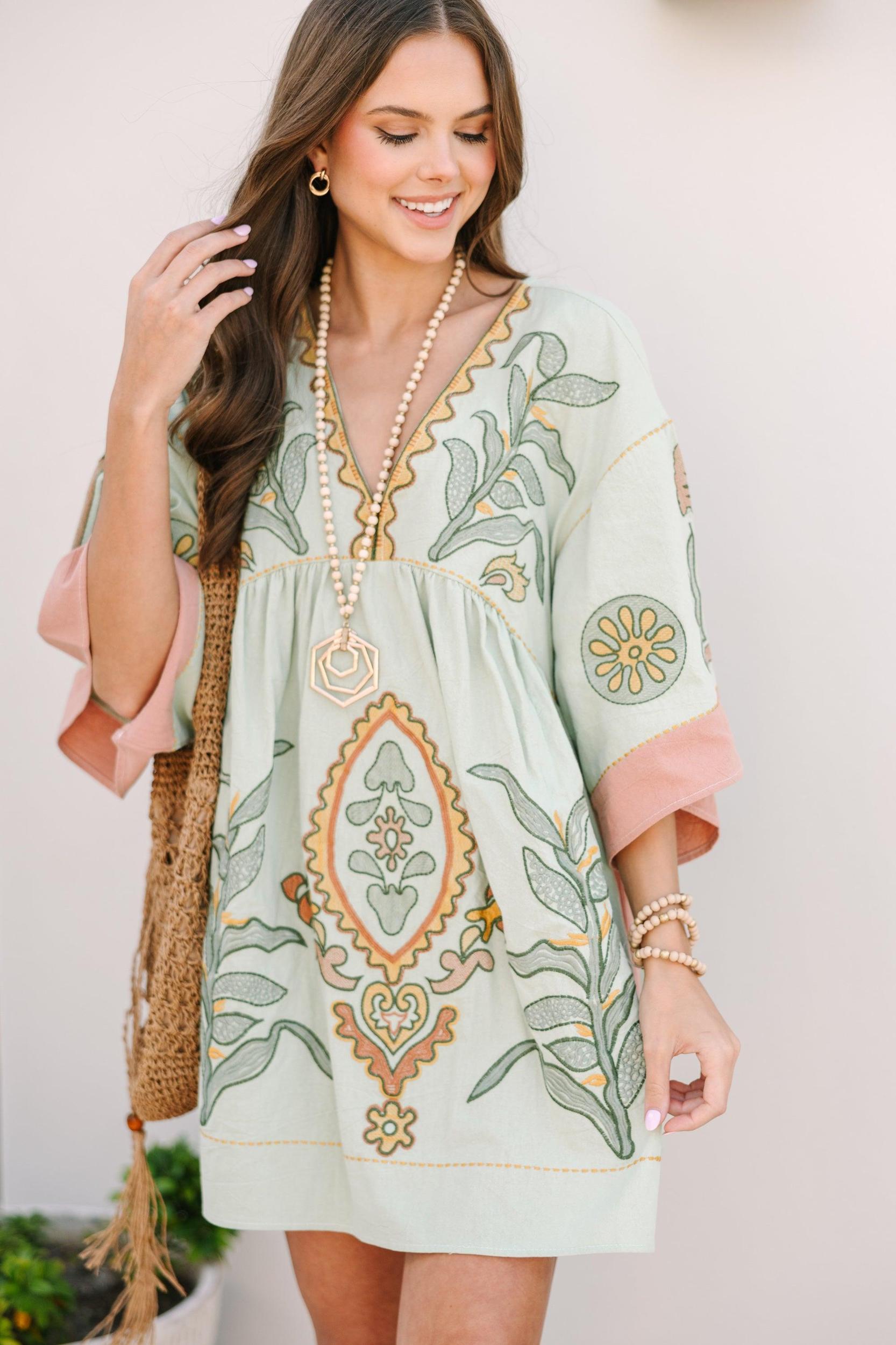 Just My Type Mint Green Floral Embroidery Babydoll Dress Female Product Image