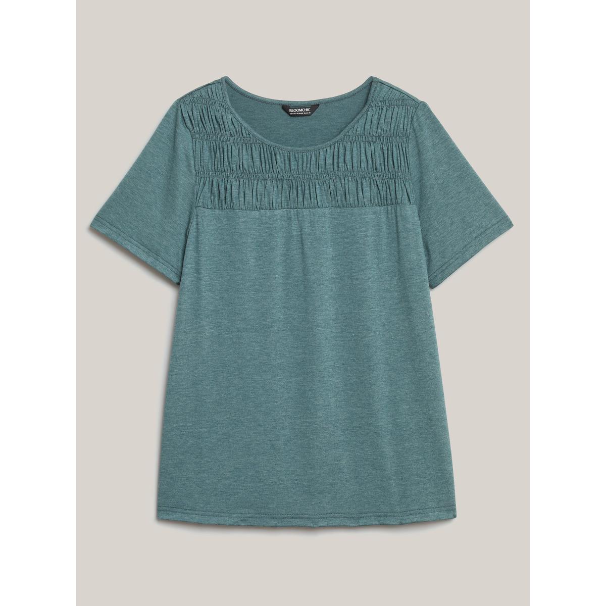Plus Size Shirred Detail Round Neck T-Shirt Cyan Women Elegant Shirred Round Neck Everyday T-shirts BloomChic 14-16/1X Product Image