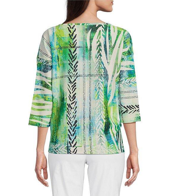 Ali Miles Textured Knit Eyelet Abstract Leopard Scoop Neck 3/4 Dolman Sleeve Top Product Image