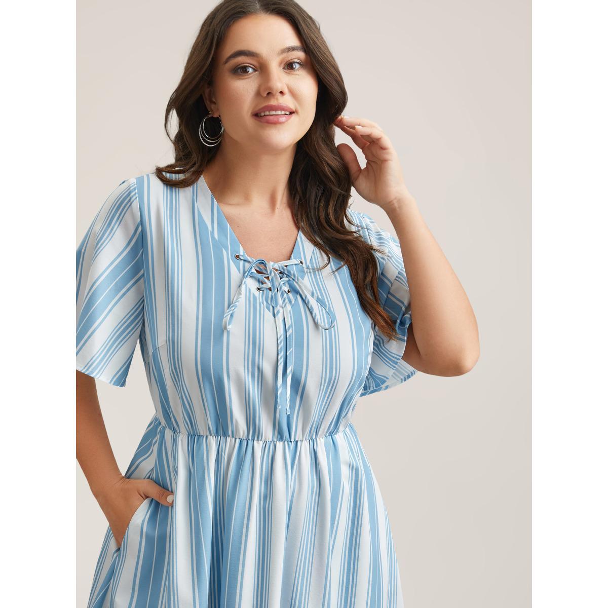 Plus Size Nautical Stripes Neck Tie Midi Dress Cerulean Women Casual Wraparound straps V-neck Half Sleeve Curvy BloomChic 30/6X Product Image