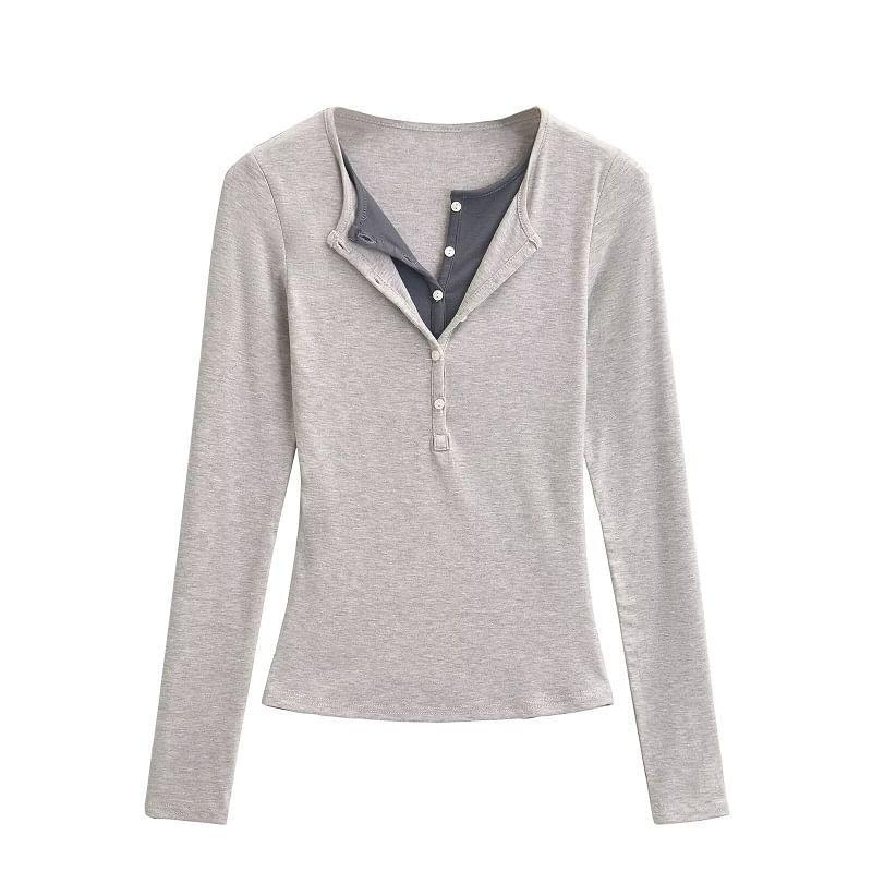 Long-Sleeve Henley Two Tone Slim Fit Tee Product Image