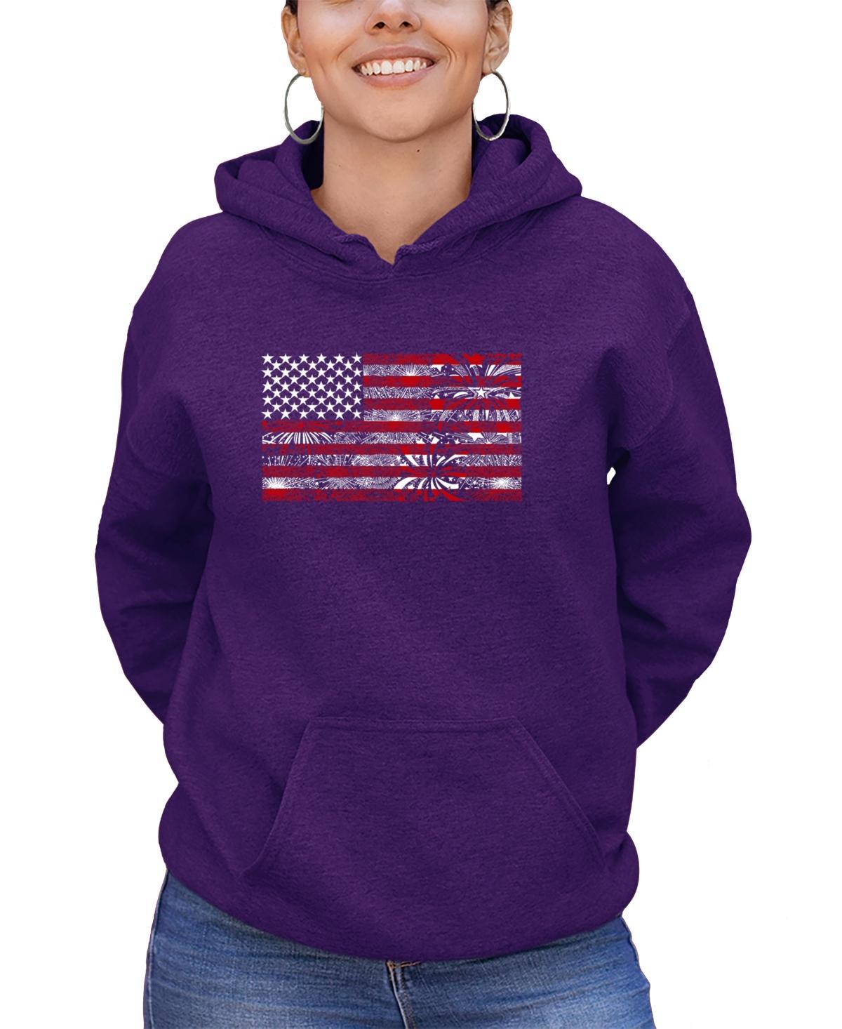 La Pop Art Womens Fireworks American Flag Word Art Hooded Sweatshirt Product Image