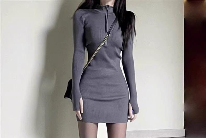 Long-Sleeve Stand Collar Plain Half-Zip Mini Sheath Knit Dress Product Image