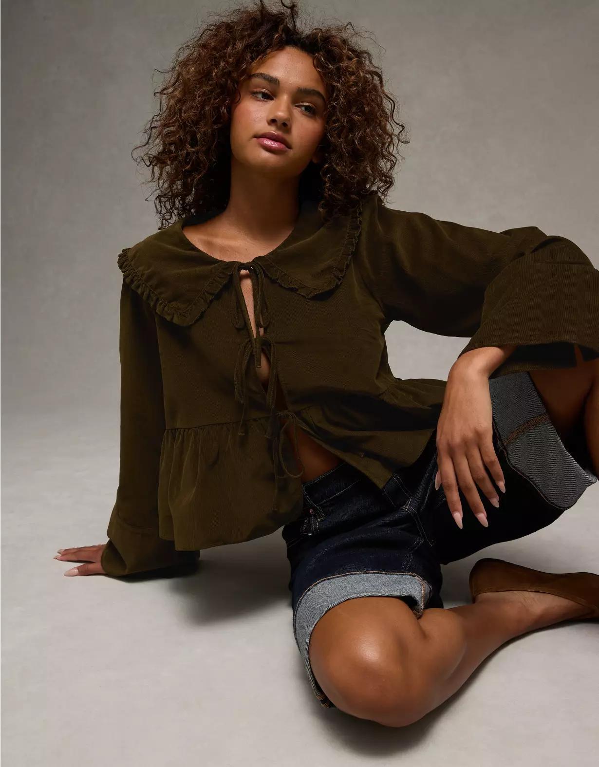 AE Long Sleeve Tie-Front Blouse Product Image